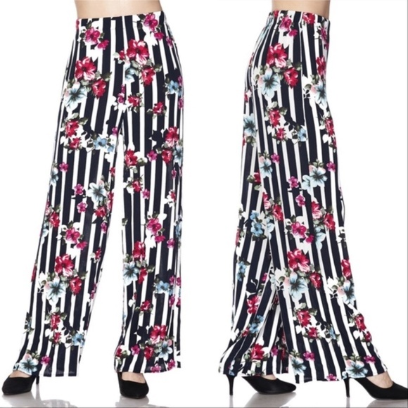 Wide legged floral striped trousers womens - Picture 1 of 2